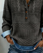 Kabelstrikket Sweater med Knaplukning til Damer – stofdetalje