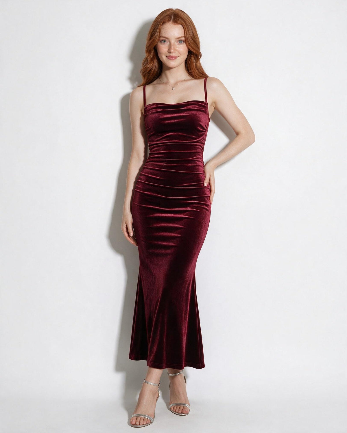 Ruched square neck mermaid maxi dress in Wine