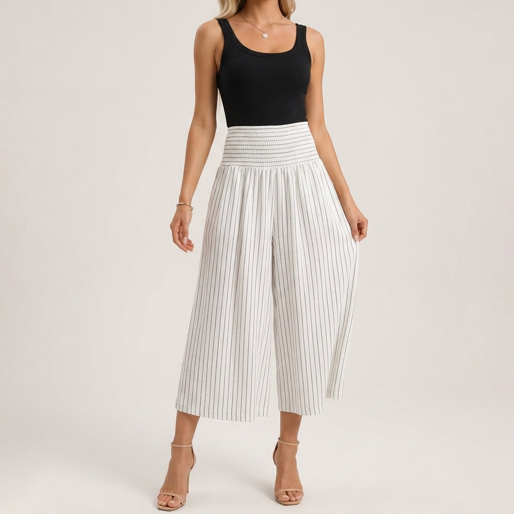 White linen blend midi skirt with shirred waist