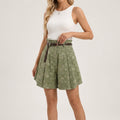 Green floral paperbag waist wide-leg shorts