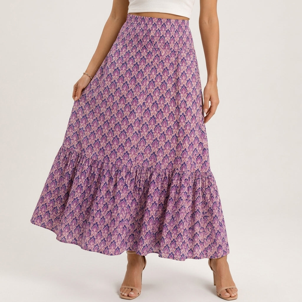 Pink and purple boho print tiered maxi skirt, alternate view 2