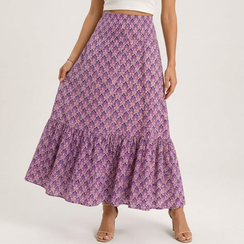 Pink and purple boho print tiered maxi skirt, alternate view 2