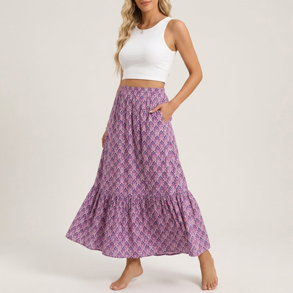 Pink and purple boho print tiered maxi skirt