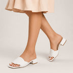 Woven cross-strap block heel mules