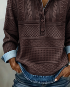 Kabelstrikket Sweater med Knaplukning til Damer – farvedetalje