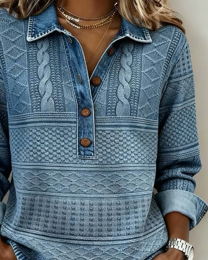 Kabelstrikket Sweater med Knaplukning til Damer – detaljebillede