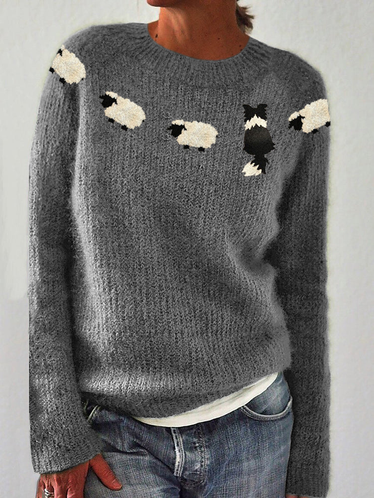 Hyggelig Fluffy Strikket Sweater med Rund Hals