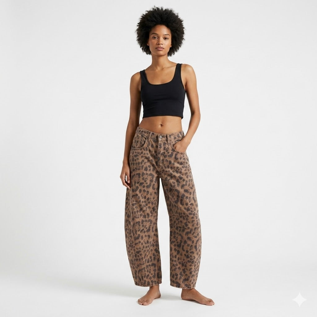 Leopardmønstrede Barrel Jeans til Damer