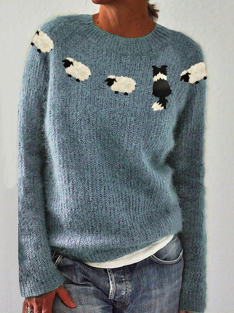 Hyggelig Fluffy Strikket Sweater med Rund Hals