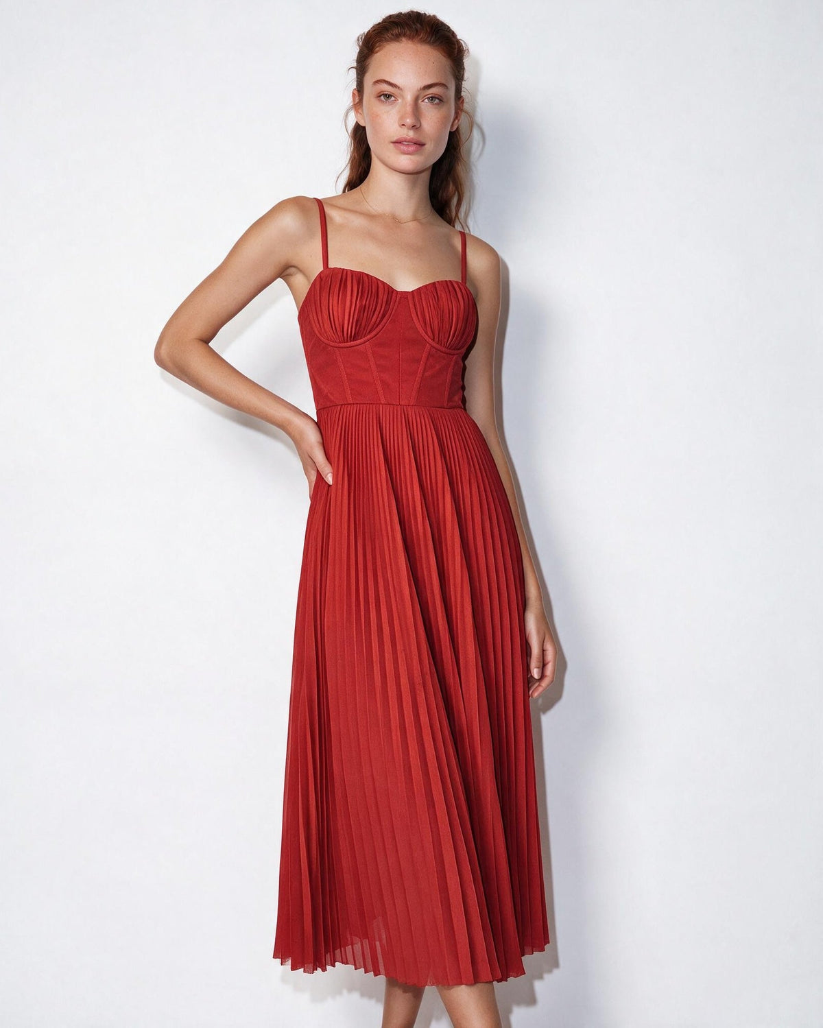 Ruched bustier pleated midi dress in Red