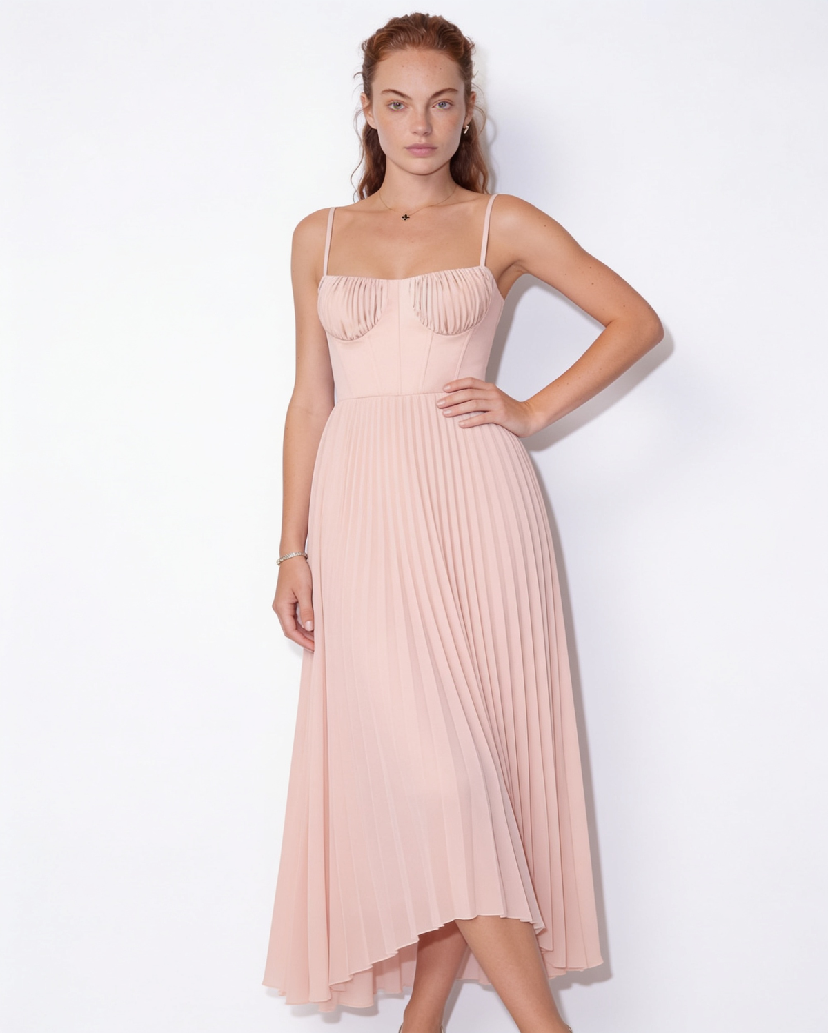 Ruched bustier pleated midi dress in Pink
