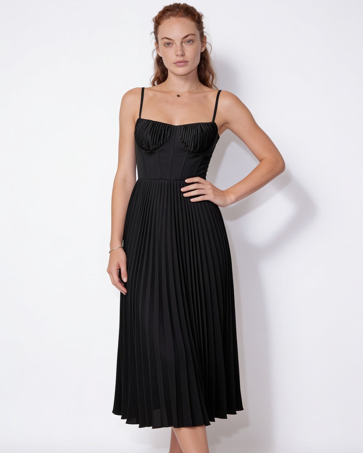 Ruched bustier pleated midi dress in Black