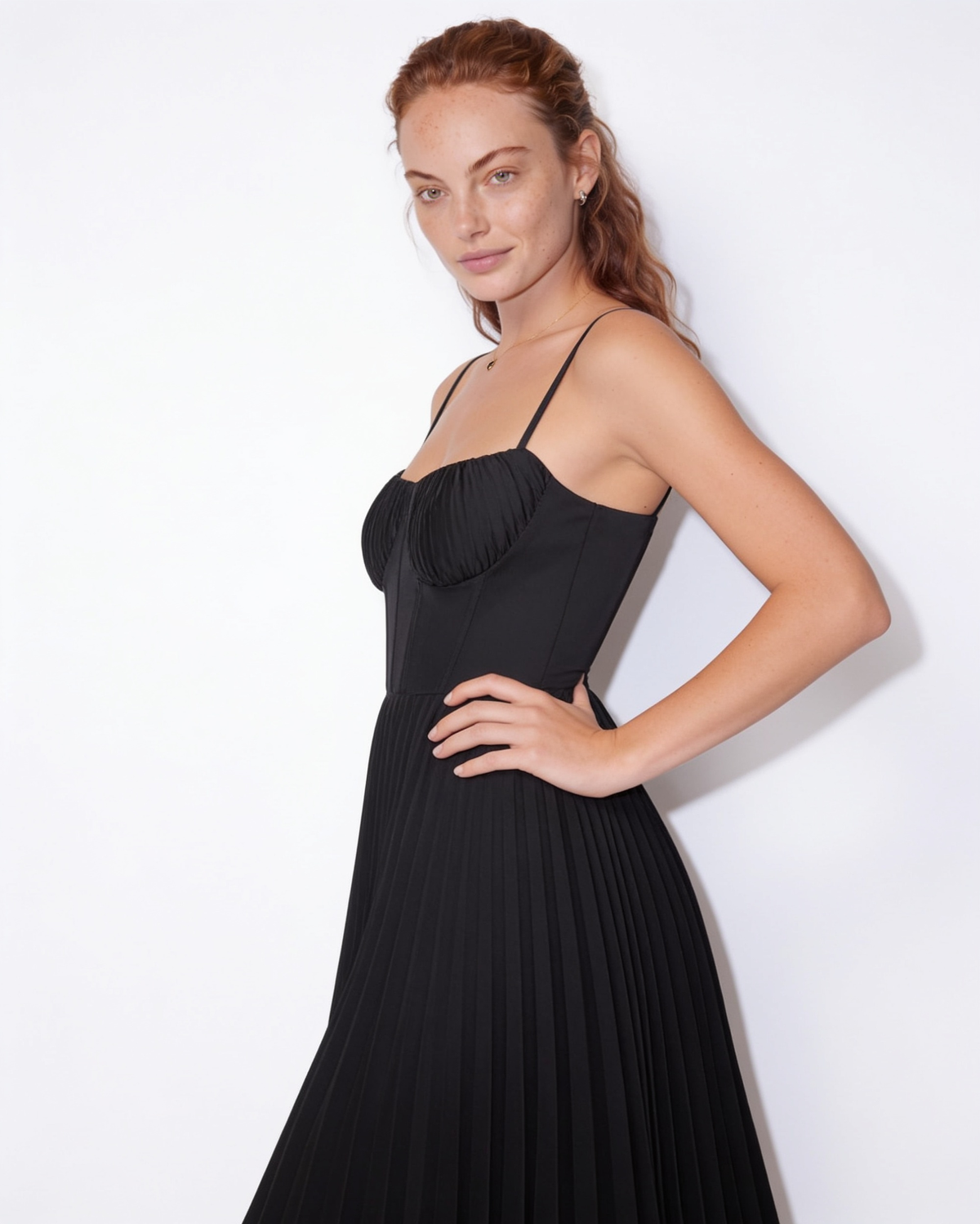 Ruched bustier pleated midi dress, detail view 17