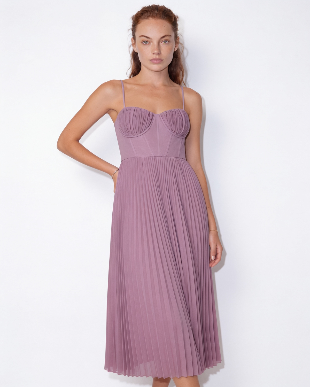 Ruched bustier pleated midi dress in Dusty Mauve