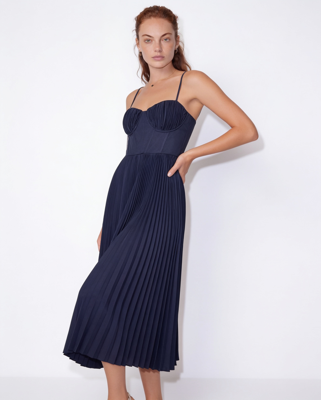 Ruched bustier pleated midi dress, detail view 4