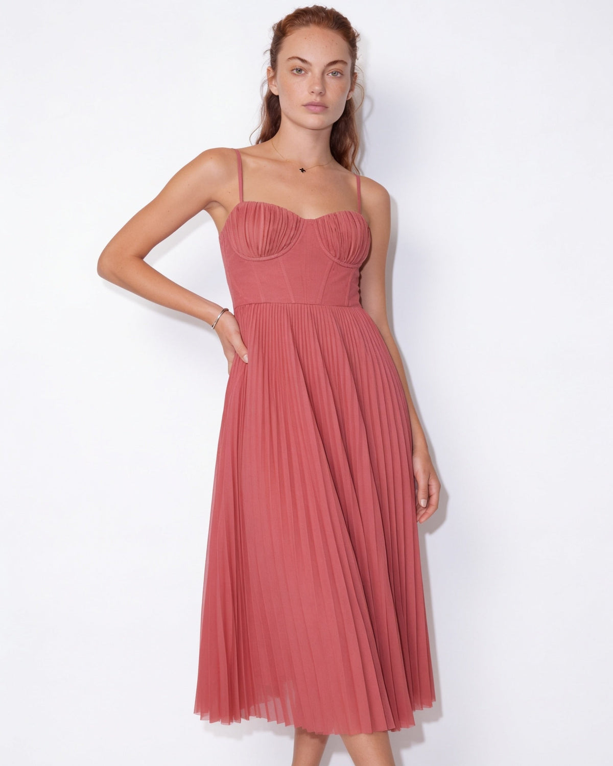 Ruched bustier pleated midi dress in Salmon