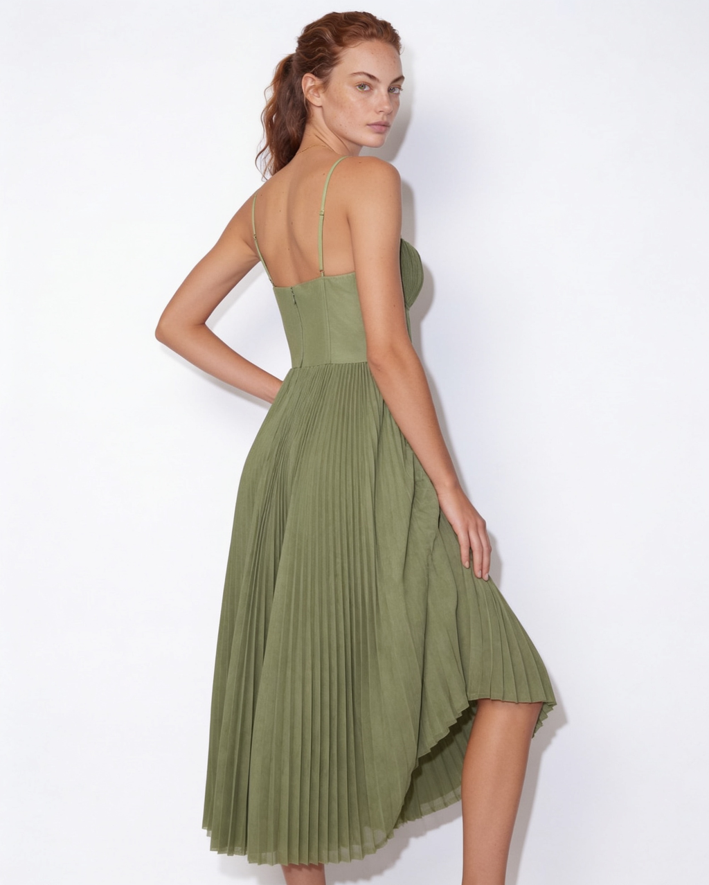 Ruched bustier pleated midi dress, detail view 1