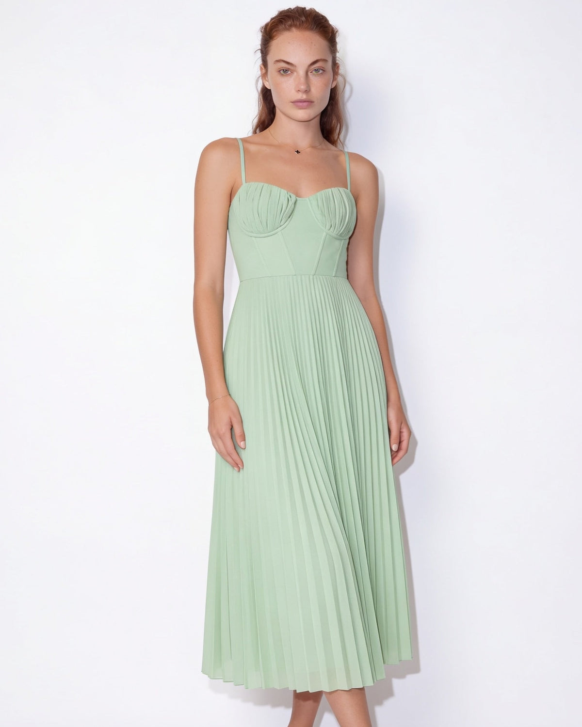 Ruched bustier pleated midi dress in Mint Green