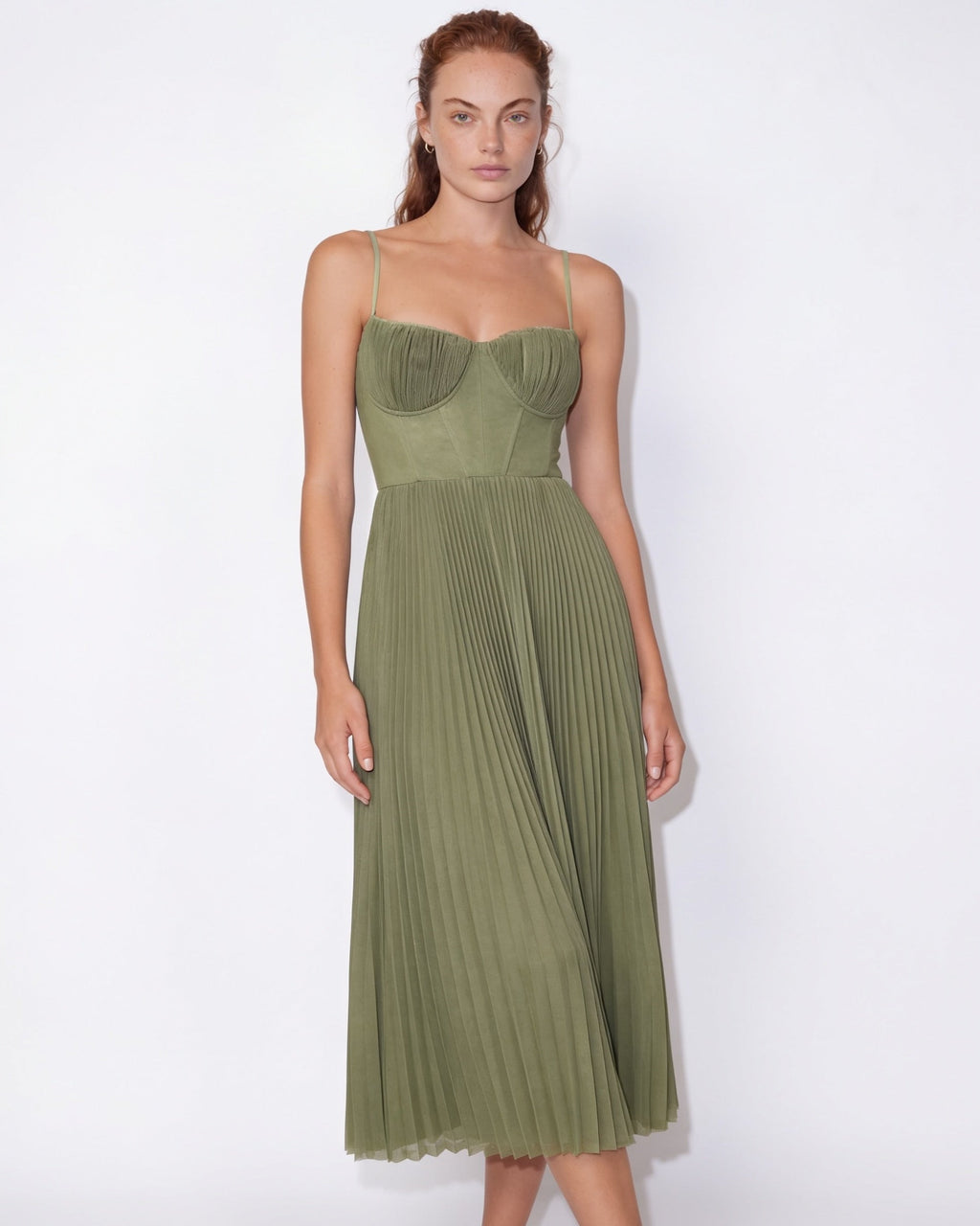 Ruched bustier pleated midi dress in Olive
