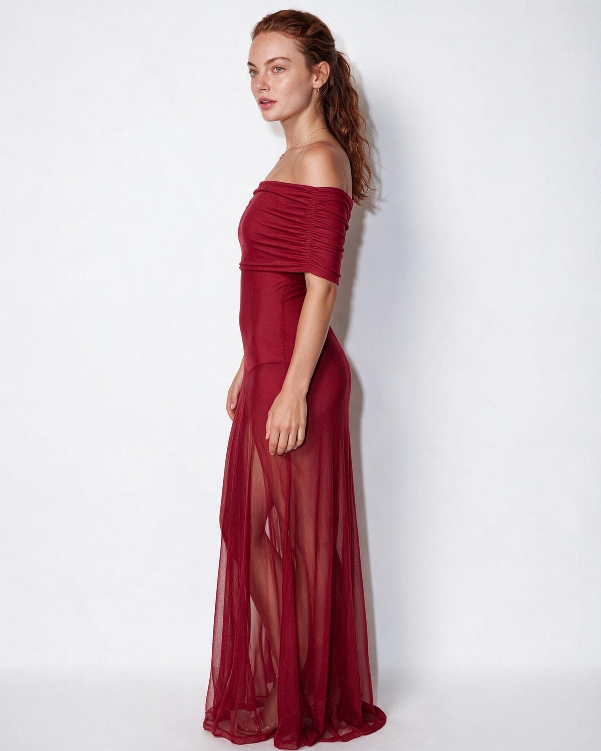 Sheer off-shoulder ruched maxi dress, detail view 6