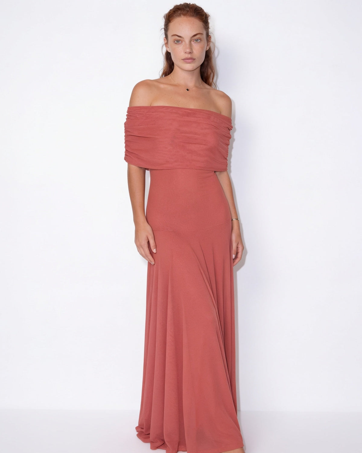 Sheer off-shoulder ruched maxi dress in Terracotta