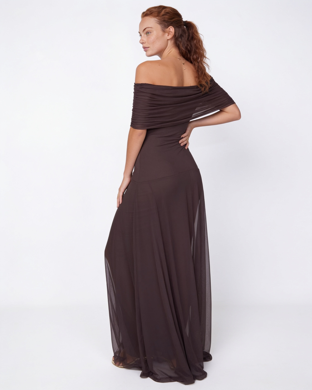 Sheer off-shoulder ruched maxi dress, detail view 1