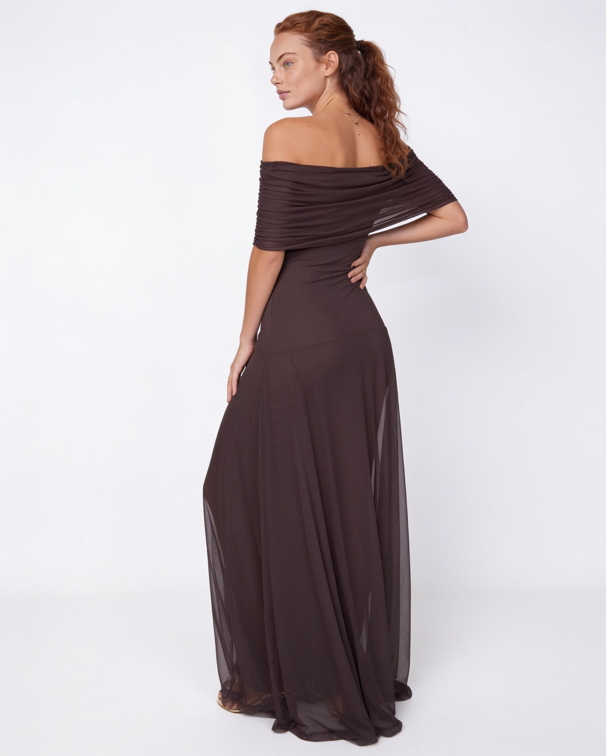 Sheer off-shoulder ruched maxi dress, detail view 1