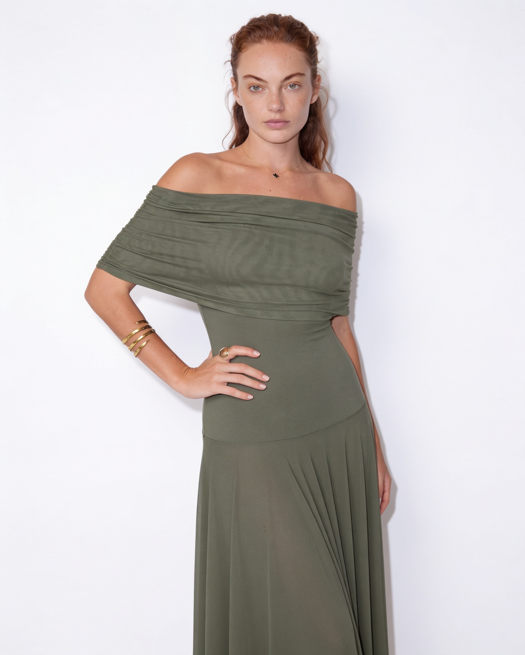 Sheer off-shoulder ruched maxi dress, detail view 5