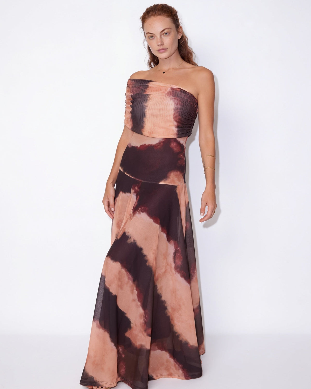 Sheer off-shoulder ruched maxi dress in Multicolour