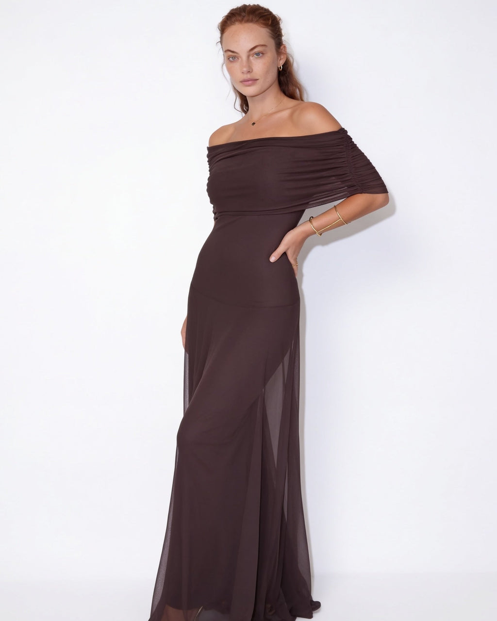 Sheer off-shoulder ruched maxi dress, detail view 2