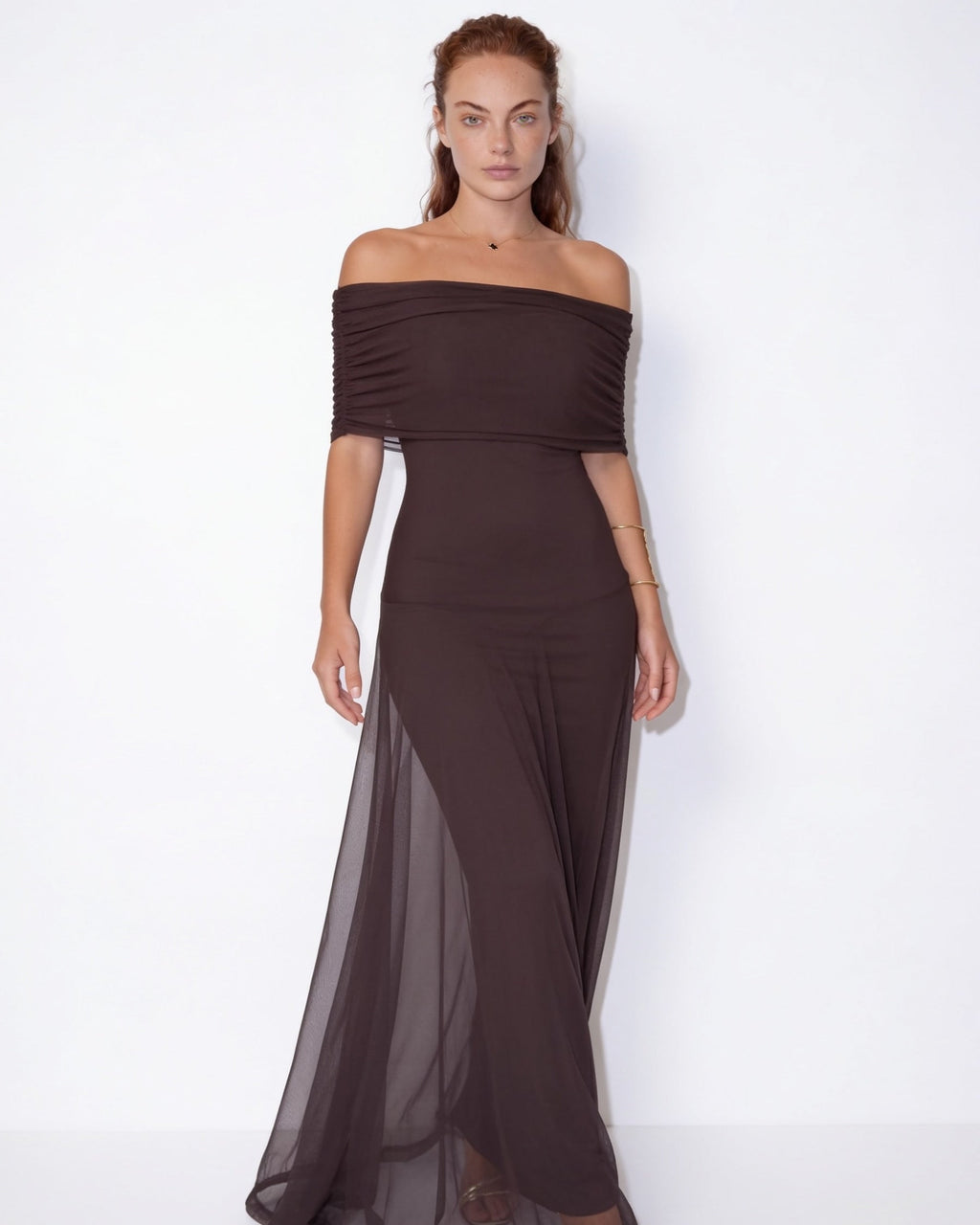 Sheer off-shoulder ruched maxi dress in Cedar Brown