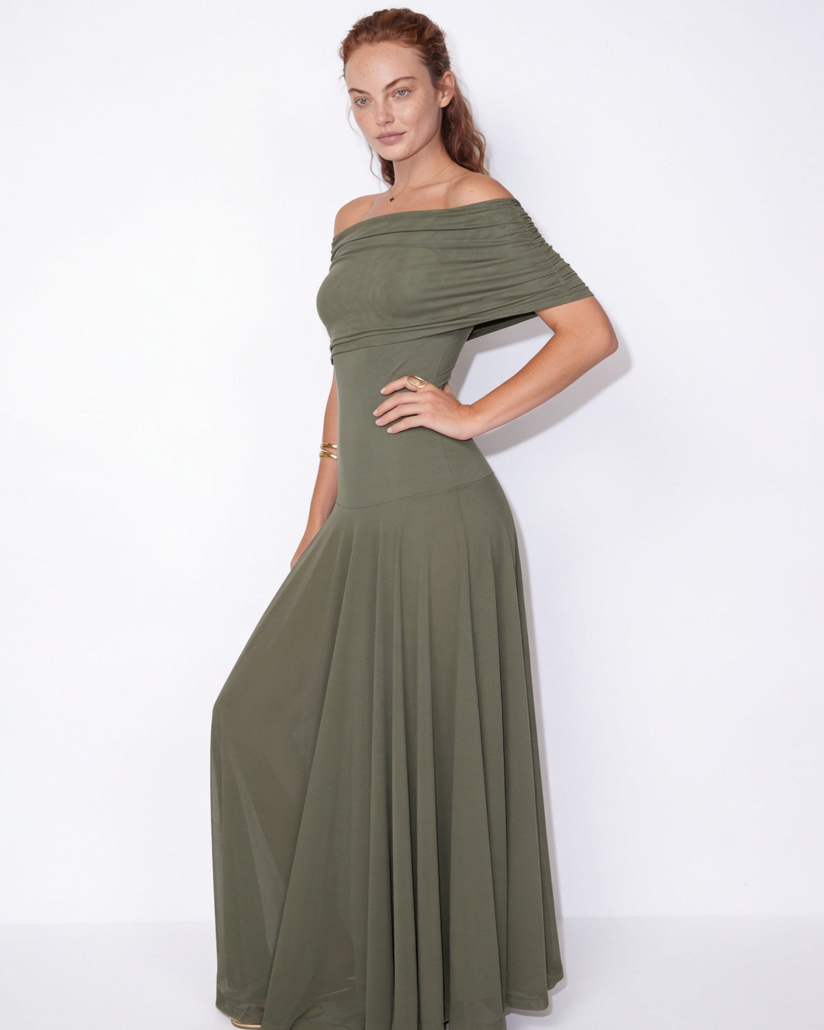Sheer off-shoulder ruched maxi dress, detail view 4