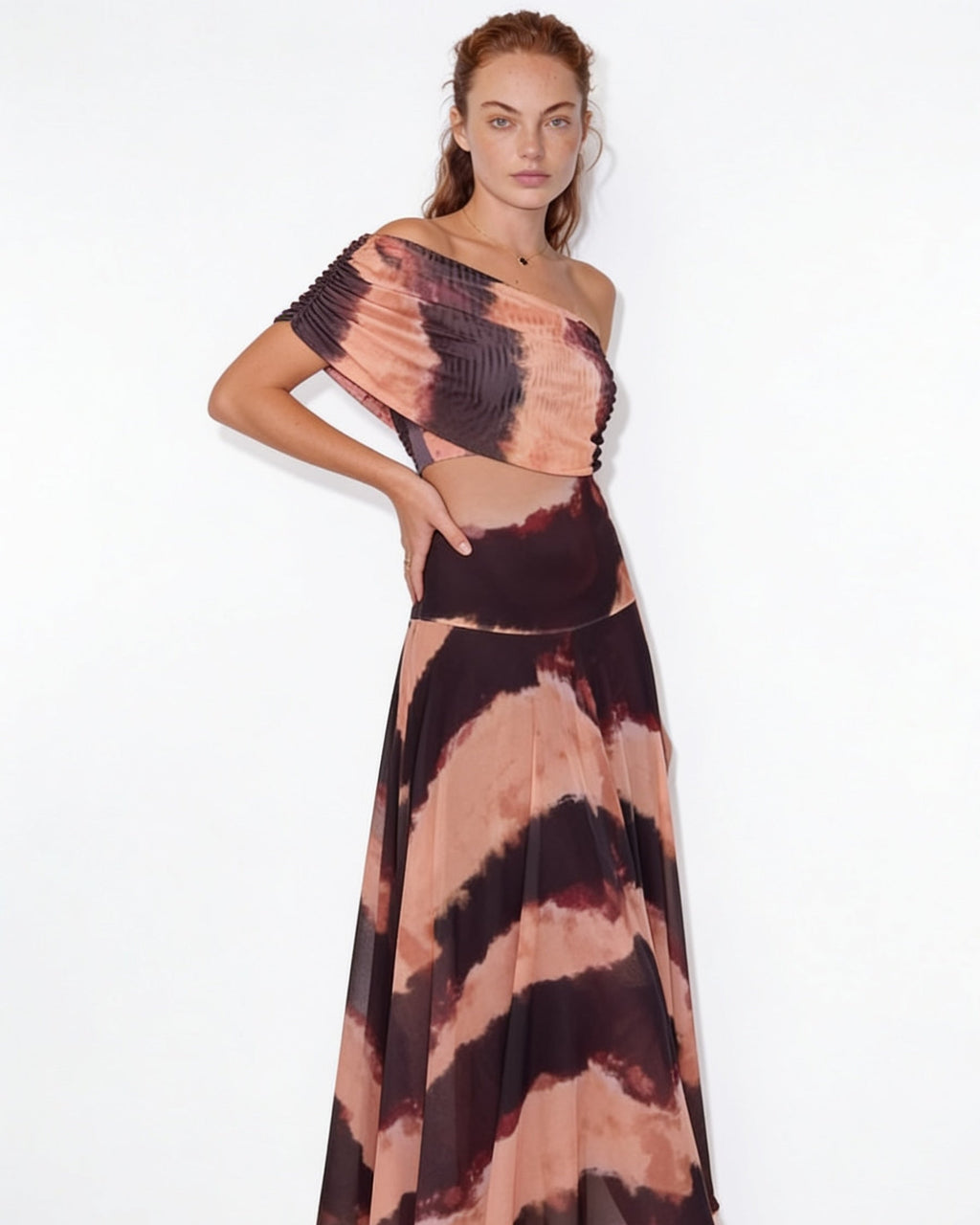 Sheer off-shoulder ruched maxi dress, detail view 10