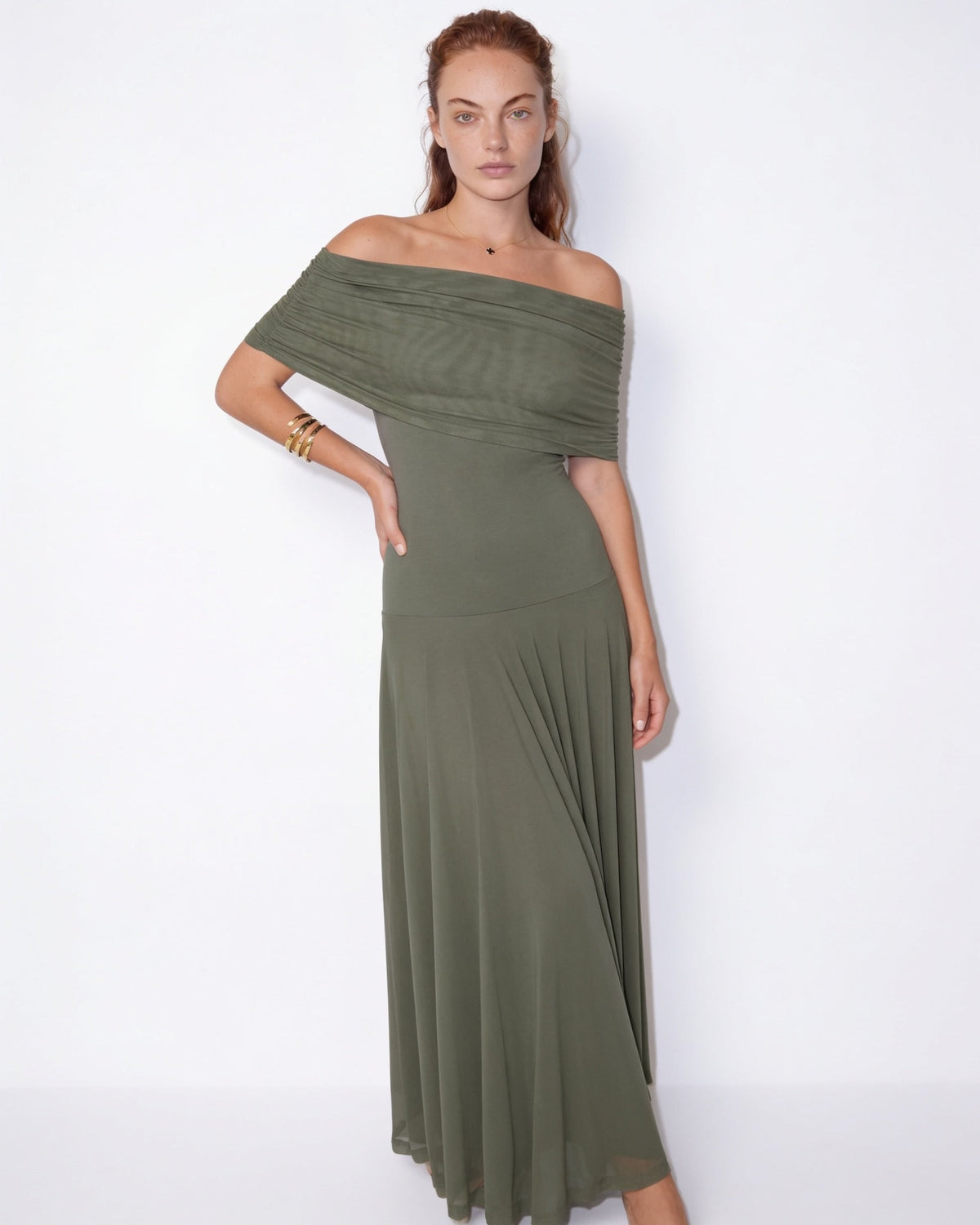 Sheer off-shoulder ruched maxi dress in Olive
