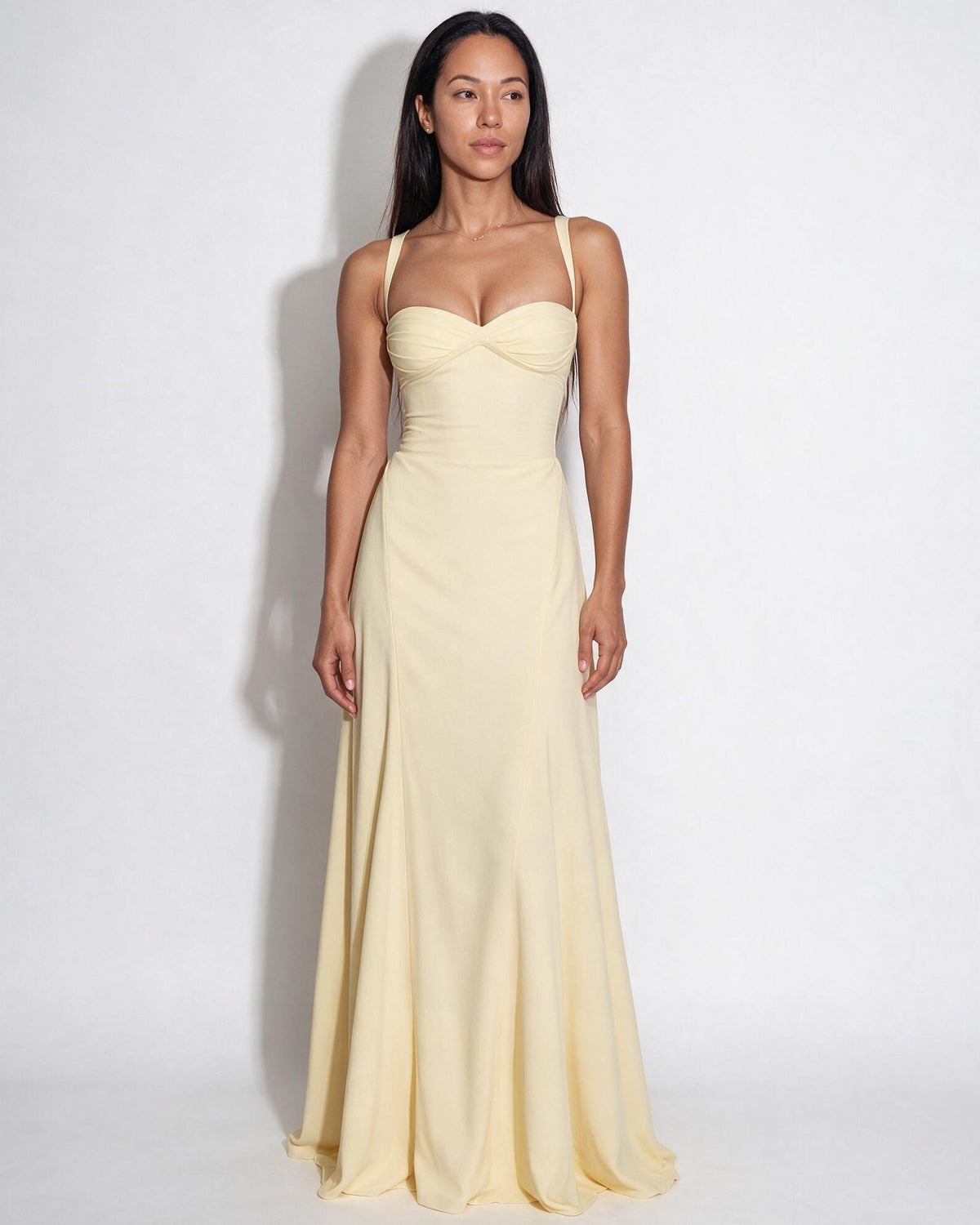 Ruched lace-up back maxi dress in Butter Yellow
