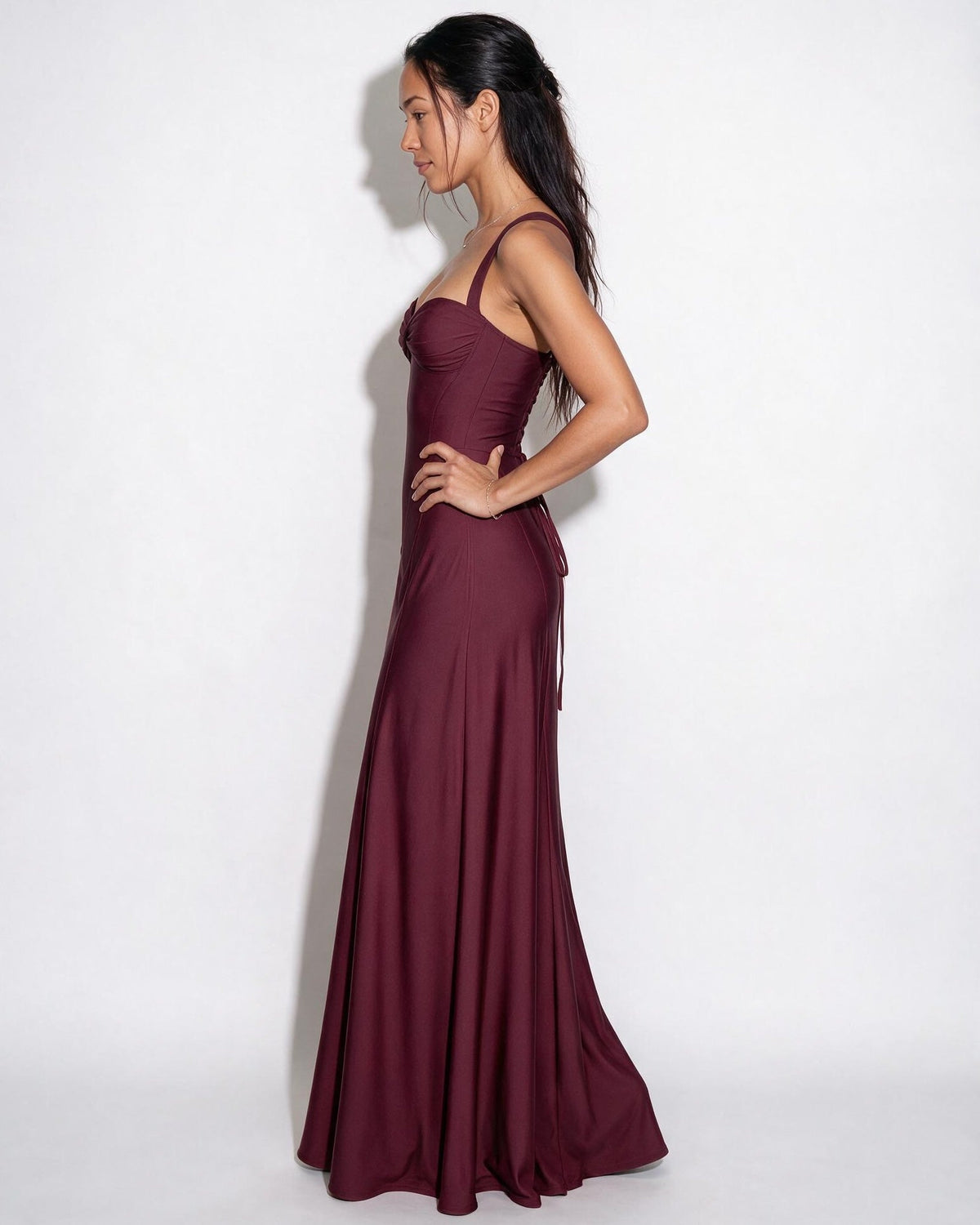 Ruched lace-up back maxi dress, detail view 2