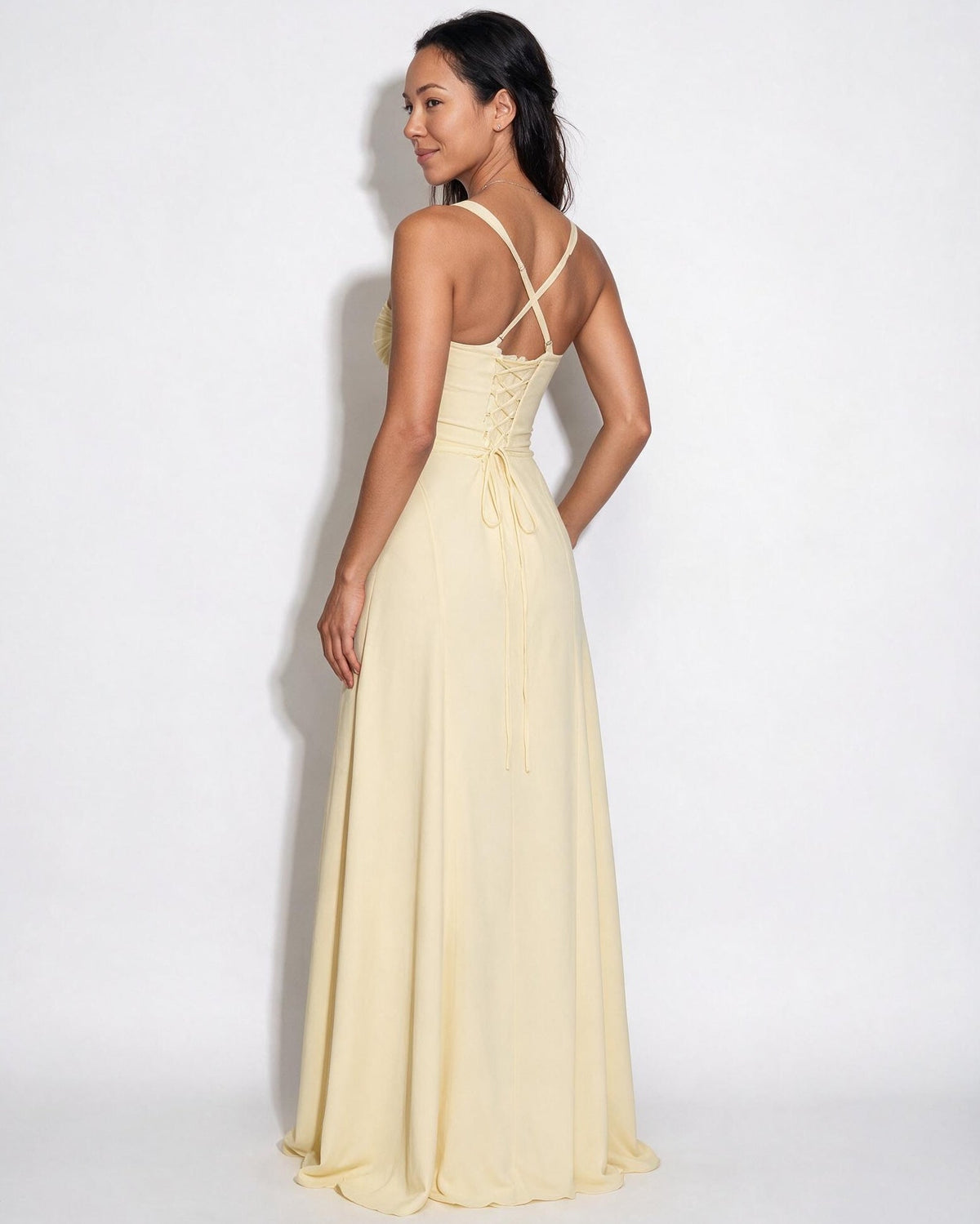 Ruched lace-up back maxi dress, detail view 4