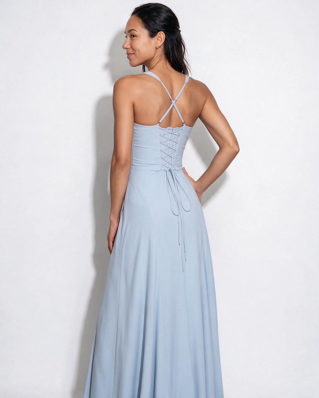 Ruched lace-up back maxi dress, detail view 7