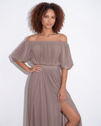 Pleated off-shoulder slit maxi gown, detail view 13