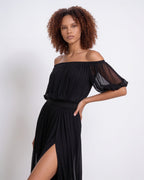 Pleated off-shoulder slit maxi gown, detail view 7