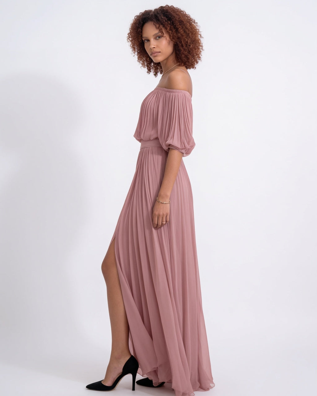 Pleated off-shoulder slit maxi gown, detail view 3