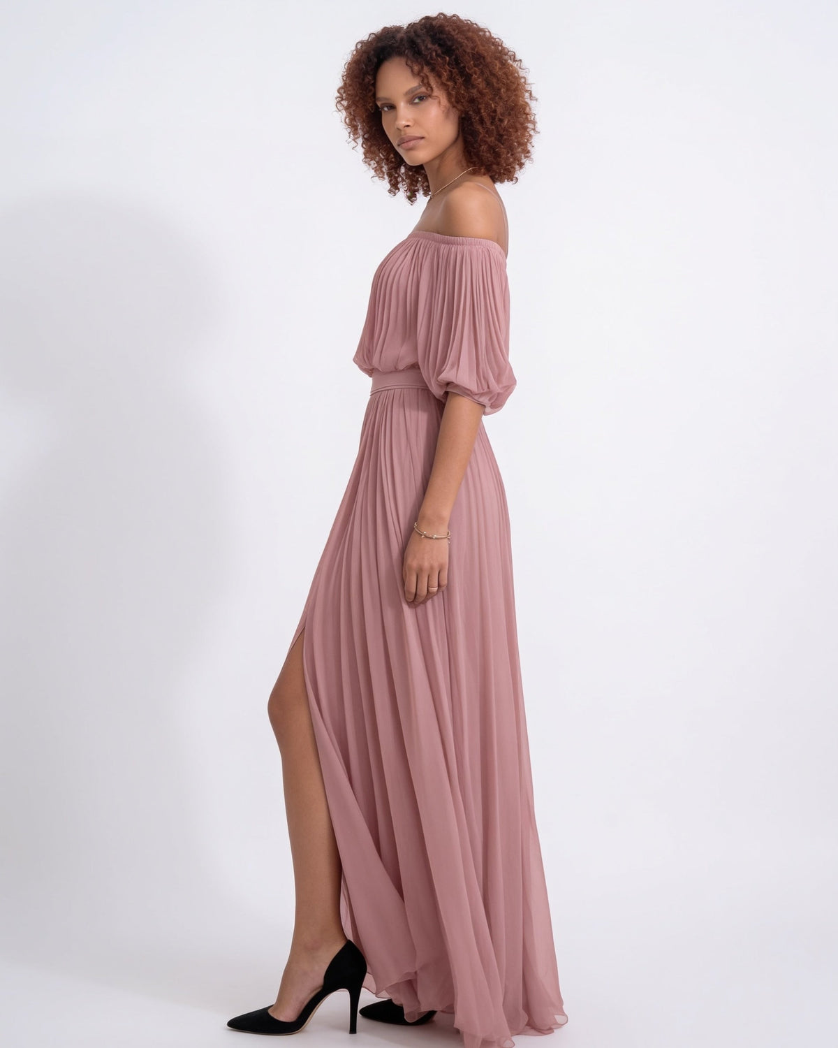 Pleated off-shoulder slit maxi gown, detail view 3