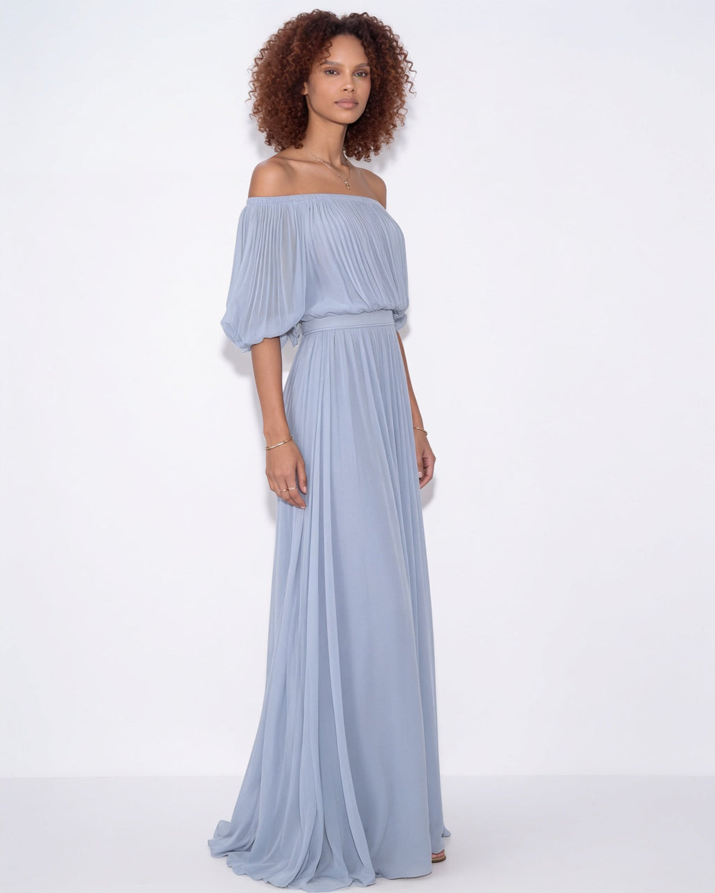 Pleated off-shoulder slit maxi gown, detail view 9