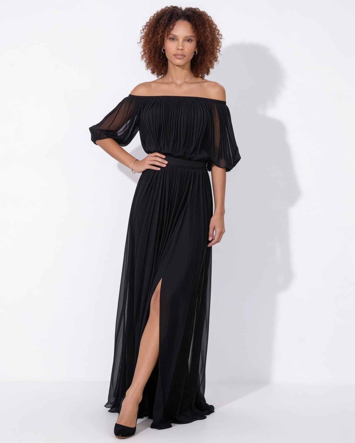 Pleated off-shoulder slit maxi gown in Black