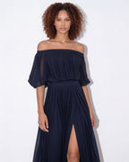 Pleated off-shoulder slit maxi gown, detail view 2