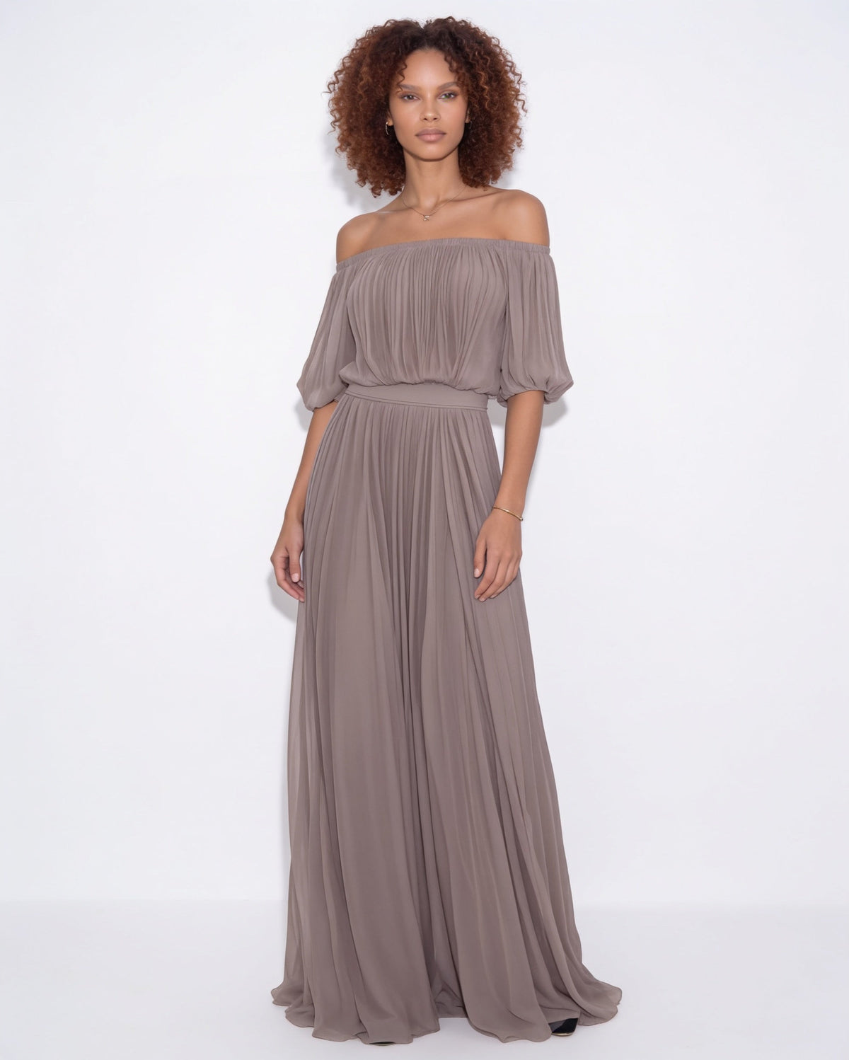 Pleated off-shoulder slit maxi gown in Taupe