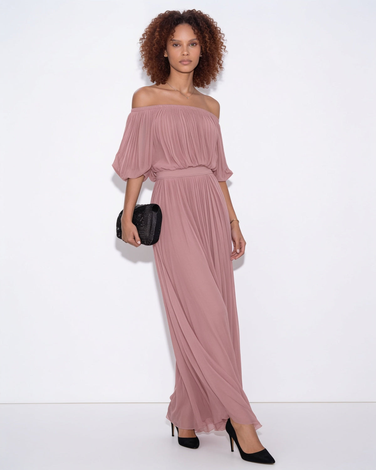 Pleated off-shoulder slit maxi gown in Dusty Rose