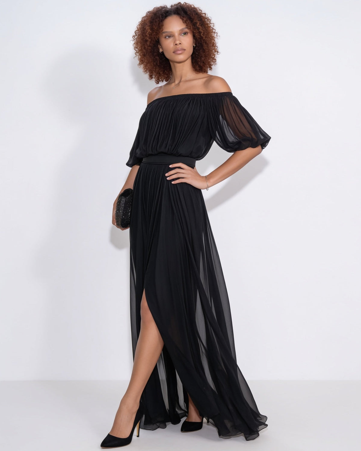 Pleated off-shoulder slit maxi gown, detail view 6