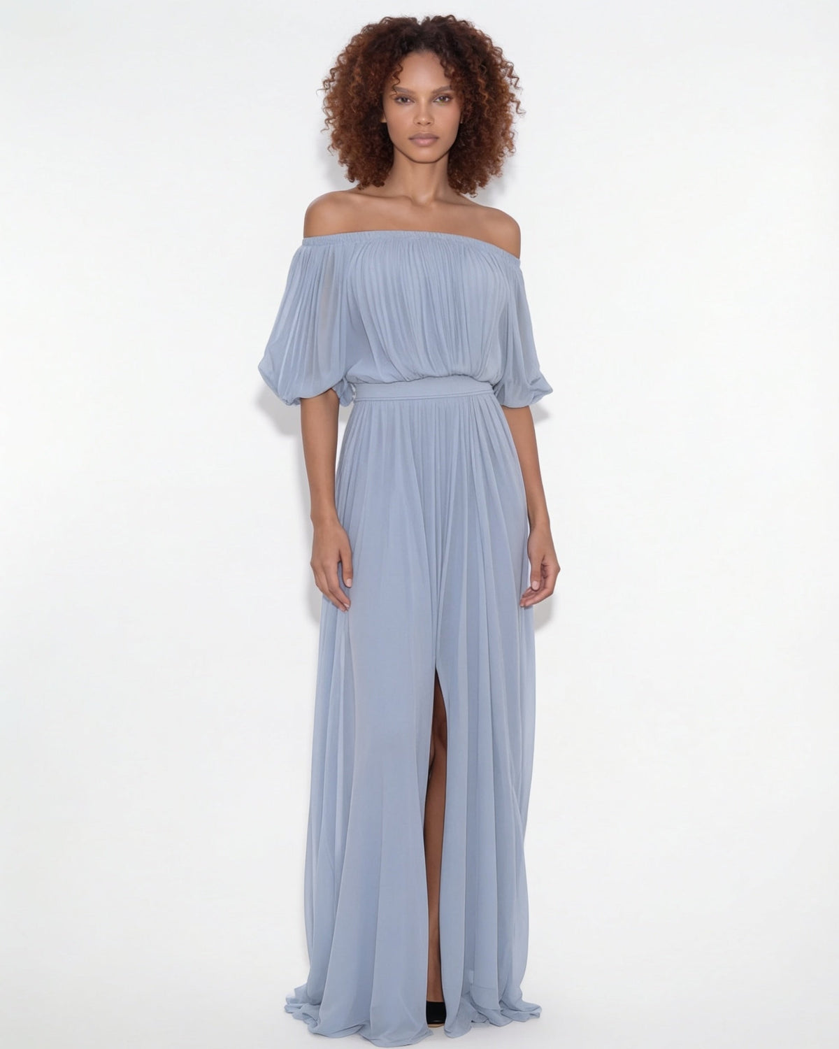 Pleated off-shoulder slit maxi gown in Baby Blue