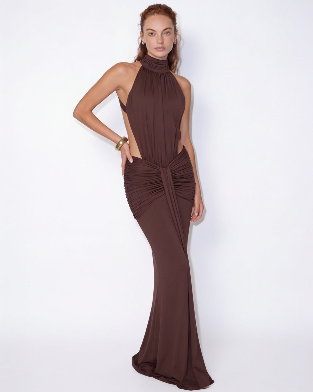 Cut-out halterneck mermaid maxi dress in Cedar Brown